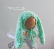 Load image into Gallery viewer, Fuzzy yarn bunny bonnet for 6-12 months old. Hand-Knitted. Warm Mint. Long ears. Easter. Ready to send