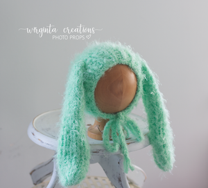 Fuzzy yarn bunny bonnet for 6-12 months old. Hand-Knitted. Warm Mint. Long ears. Easter. Ready to send