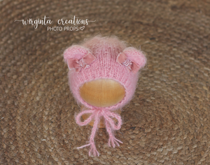 Footed romper and matching teddy bear hat for Newborn, pink. Fuzzy yarn. Ready to send