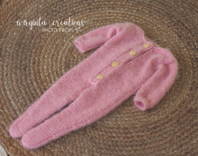 Load image into Gallery viewer, Footed romper and matching teddy bear hat for Newborn, pink. Fuzzy yarn. Ready to send