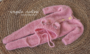 Footed romper and matching teddy bear hat for Newborn, pink. Fuzzy yarn. Ready to send