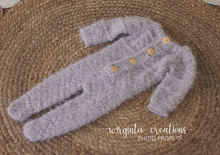 Load image into Gallery viewer, Footed romper and hat set, Newborn, grey mauve colour. Fuzzy yarn. Unique stitch. Ready to send