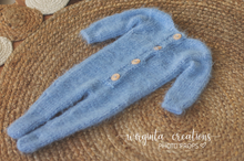 Load image into Gallery viewer, Fuzzy footed romper and matching teddy bear hat, Newborn, light blue.Ready to send