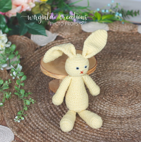 Knitted bunny toy. Handmade. Yellow. Knitted. Posing toy. Easter. Ready to send