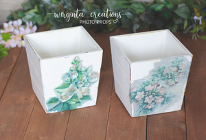 Handmade wooden plant pots. Distressed white, embellished with floral ornament. Square. Set of two. House décor. Ready to ship