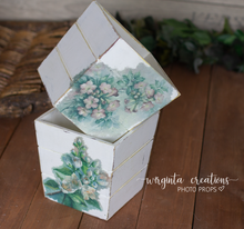 Load image into Gallery viewer, Handmade wooden plant pots. Distressed white, embellished with floral ornament. Square. Set of two. House décor. Ready to ship