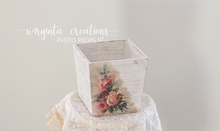 Load image into Gallery viewer, Handmade wooden plant pot. Distressed white, embellished with floral ornament. Square.  House décor. Ready to ship