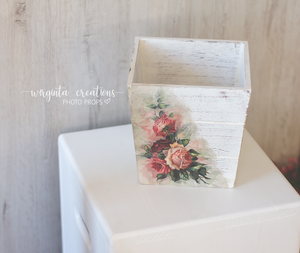 Handmade wooden plant pot. Distressed white, embellished with floral ornament. Square.  House décor. Ready to ship