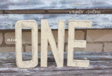 Load image into Gallery viewer, Large size Wooden distressed letters ONE. Cake Smash. Photography prop. Wooden decoration. Birthday. Cream. Height 25.5 cm (10 Inches).Ready to send