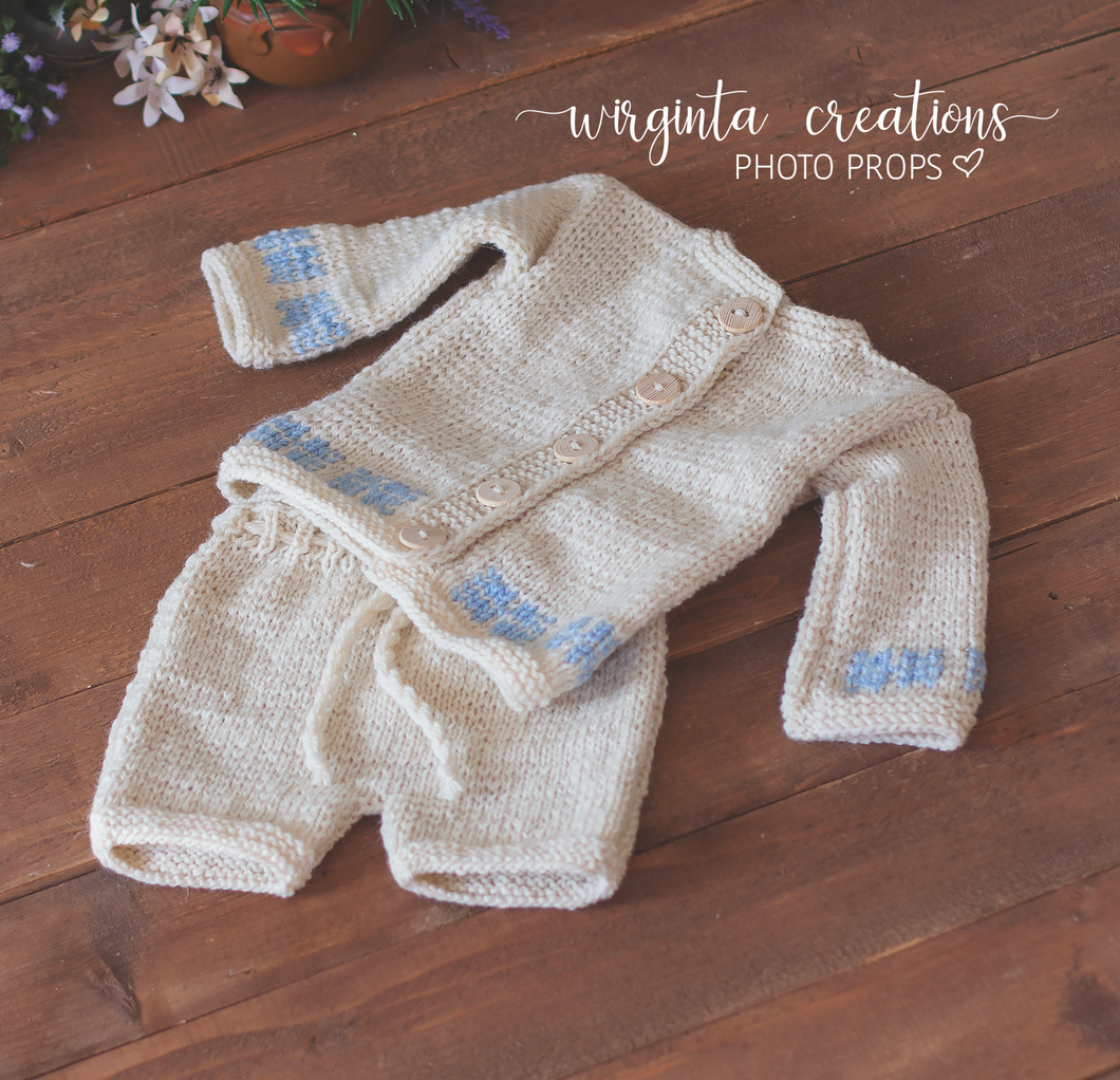 Natural wool handknitted outfit set for 6-12 months old. Shorts, and cardigan. Photography prop outfit. Ready to send