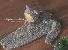Load image into Gallery viewer, Footed romper and matching hat, Newborn, Khaki with white spots. Knitted teddy bear outfit. Photography prop. Ready to send