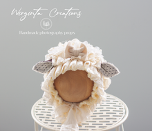 Load image into Gallery viewer, Handmade Cream Tattered Style Baby Sheep Bonnet with Velvet Ribbon - Photography Headpiece for 6-24 Months