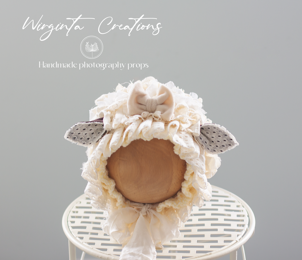 Handmade Cream Tattered Style Baby Sheep Bonnet with Velvet Ribbon - Photography Headpiece for 6-24 Months