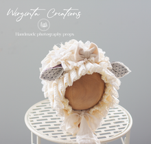 Load image into Gallery viewer, Handmade Cream Tattered Style Baby Sheep Bonnet with Velvet Ribbon - Photography Headpiece for 6-24 Months