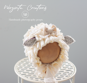 Handmade Cream Tattered Style Baby Sheep Bonnet with Velvet Ribbon - Photography Headpiece for 6-24 Months