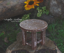 Load image into Gallery viewer, Wooden Round Stool Photography Prop, Sitter, Toddler, Posing prop, Sturdy, Distressed brown, Handcrafted, Ready to send