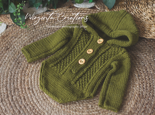 Green Knitted Hooded Romper for 6-12 months old. Children Photography Prop, Outfit