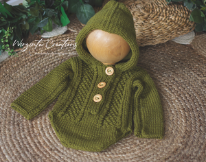 Green Knitted Hooded Romper for 6-12 months old. Children Photography Prop, Outfit