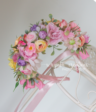 Load image into Gallery viewer, Flower halo Headband. Crown, toddler, adult. Pink, cream. Photography prop. Posing headpiece. Ready to send
