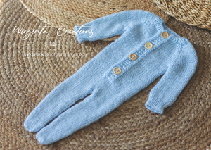 Blue Knitted Newborn Outfit with Matching Bonnet - Soft Yarn Photography Prop