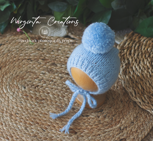 Blue Knitted Newborn Outfit with Matching Bonnet - Soft Yarn Photography Prop