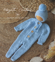 Load image into Gallery viewer, Blue Knitted Newborn Outfit with Matching Bonnet - Soft Yarn Photography Prop