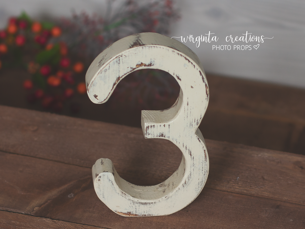Free-Standing Distressed Wooden Number 3 Prop for Baby's 3rd Birthday Photography and Cake Smash - Ready to Ship