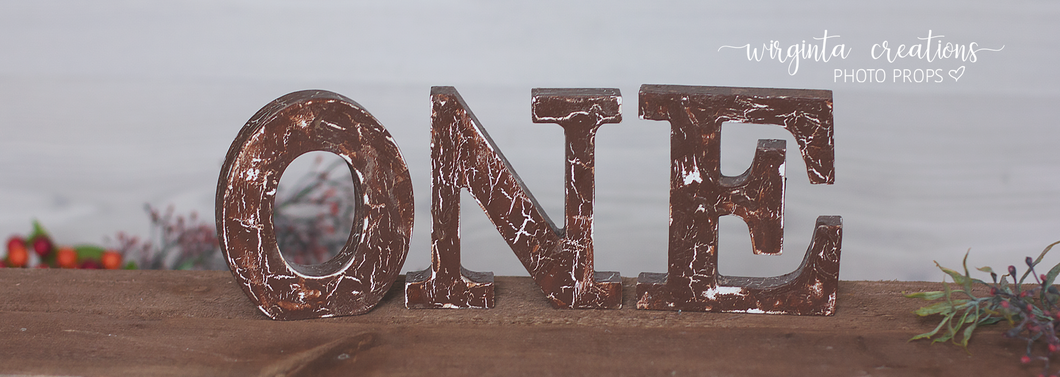 Sign One Photography Props. Baby 1st Birthday Decoration. Wooden distressed letters. Brown. Cake Smash. Free-standing. Ready to send