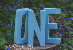 Wooden letters ONE. Blue colour. Free-standing word. Cake Smash. Ready to send