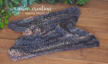 Load image into Gallery viewer, Handmade chunky knitted blanket/layer. Grey/blue. Photography prop. Ready to send