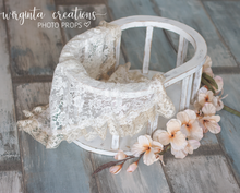 Load image into Gallery viewer, Wooden oval crib. Photography Prop, Sitter, Toddler, Posing prop, Sturdy, White distressed, Handcrafted, Wooden Studio prop. Made-to-order
