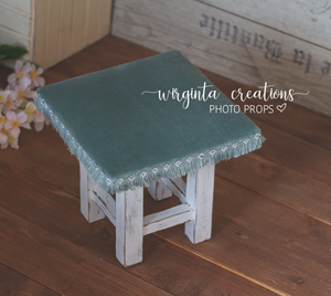 Wooden stool, velvet top, bench. Photography Prop, Sitter, Toddler, Posing prop, chair,Room Decor, Sturdy, Distressed white, mint top. Handcrafted, Ready to send