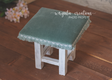 Load image into Gallery viewer, Wooden stool, velvet top, bench. Photography Prop, Sitter, Toddler, Posing prop, chair,Room Decor, Sturdy, Distressed white, mint top. Handcrafted, Ready to send