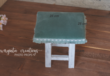 Load image into Gallery viewer, Wooden stool, velvet top, bench. Photography Prop, Sitter, Toddler, Posing prop, chair,Room Decor, Sturdy, Distressed white, mint top. Handcrafted, Ready to send