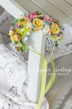 Load image into Gallery viewer, Flower headband. Floral headband. Can be used from 12 months old. Colours used: Green, yellow, peach. Photography prop. Posing headpiece. Ready to send