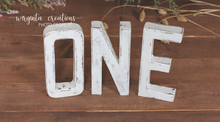 Load image into Gallery viewer, Large wooden distressed letters. White distressed design. Cake Smash. Home Décor, Handcrafted props. Free-standing. Ready to send