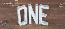 Load image into Gallery viewer, Wooden letters ONE. Handmade birthday décor. Photography. Cake Smash. Free-standing. Distressed Cream, White. Ready to send