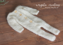 Load image into Gallery viewer, Footless romper and matching hat set, Teddy bear bonnet. Newborn, cream, ivory. Knitted. Ready to send