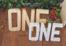 Load image into Gallery viewer, Large size Wooden letters ONE. Cake Smash. Photography prop. Wooden decoration. Natural wood. Height 26 cm. Ready to send