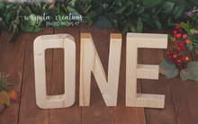 Load image into Gallery viewer, Large size Wooden letters ONE. Cake Smash. Photography prop. Wooden decoration. Natural wood. Height 26 cm. Ready to send