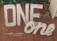 Load image into Gallery viewer, Large size Wooden distressed letters ONE. Cake Smash. Photography prop. Wooden decoration. Birthday. Cream. Height 26 cm.Ready to send