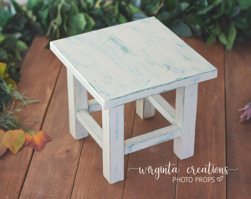 Wooden stool, bench Photography Prop, Sitter, Toddler, Posing prop, Sturdy, Distressed cream with green base, Handcrafted, Ready to send