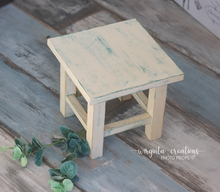 Load image into Gallery viewer, Wooden stool, bench Photography Prop, Sitter, Toddler, Posing prop, Sturdy, Distressed cream with green base, Handcrafted, Ready to send