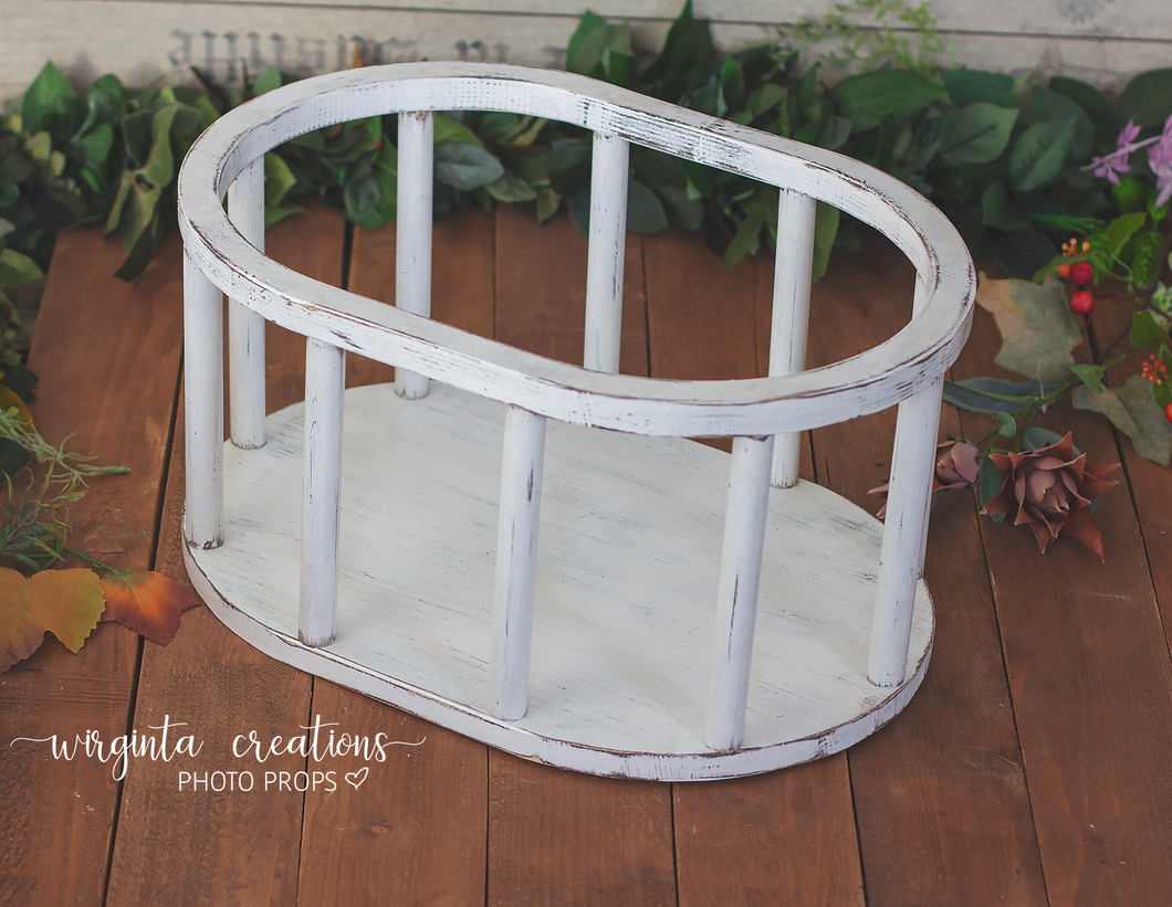 Wooden oval crib. Photography Prop, Sitter, Toddler, Posing prop, Sturdy, White distressed, Cream, Handcrafted, Wooden Studio prop. Made-to-order