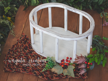 Load image into Gallery viewer, Wooden oval crib. Photography Prop, Sitter, Toddler, Posing prop, Sturdy, White distressed, Cream, Handcrafted, Wooden Studio prop. Made-to-order