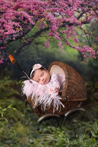 Posing pillow for a newborn. Boho. Velvet. Decorated with feathers and flowers. Peach. Baby Photo Props. Ready to send