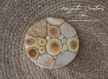 Load image into Gallery viewer, Handmade Juniper Wood Tray - Natural &amp; Decorative Presentation coasters for Coffee, Candles, and More - Rustic and Elegant Design Options - 18cm Diameter