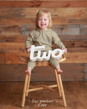 Load image into Gallery viewer, Curved letters. Wooden distressed letters. Sign Two Photography Prop. Baby 2nd Birthday Decoration. Cake Smash. One word. Free-standing. Ready to send