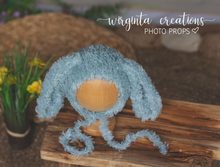 Load image into Gallery viewer, Fuzzy yarn knitted bunny bonnet for newborn. Mint. Ready to send