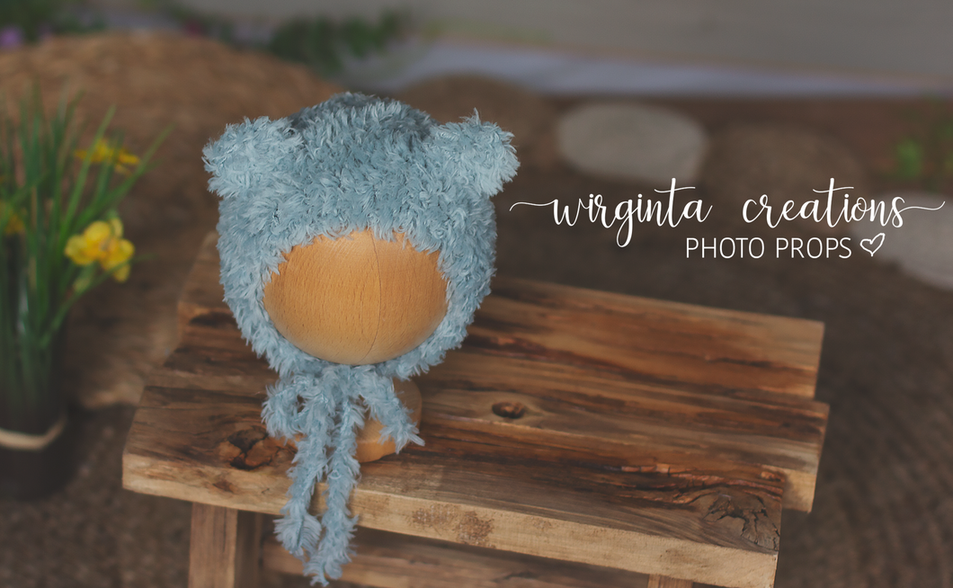 Fuzzy yarn knitted teddy bear bonnet for newborn. Mint. Ready to send